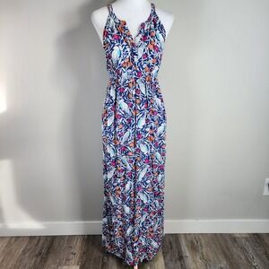Old Navy Maternity Maxi Dress Womens Small Blue Bird Floral Sleeveless‎ Rayon